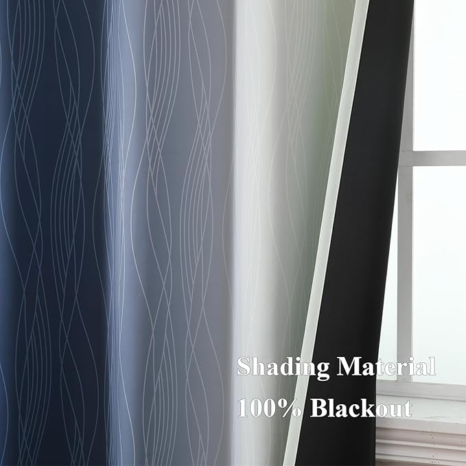 Estelar Textiler Navy Blue and Sage Green Ombre Blackout Curtains for Bedroom, Thermal Insulated Full Room Darkening Grommet Gradient Drapes for Living Room, 42Wx84L, 2 Panels