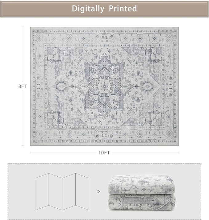 Area Rug 8x10 Washable Area Rugs for Living Room- Ultra Soft Non-Shedding Faux Wool Bedroom Rug Large Grey Vintage Print Rugs with Non Slip Rubber- Indoor Retro Foldable Carpet for Dining Room