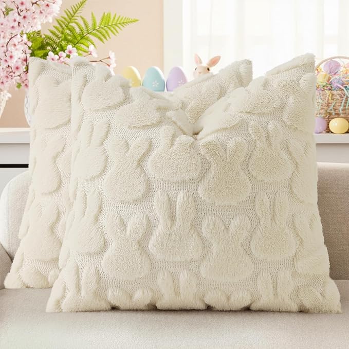 decorUhome Easter Bunny Pillow Covers 16x16 Inch Set of 2, Soft Plush Faux Wool Jacquard Beige Rabbit Cushion Covers, Farmhouse Neutral Spring Easter Holiday Decor for Couch Sofa Bed