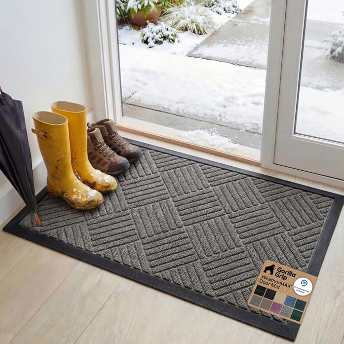 GORILLA GRIP 100% Waterproof All-Season WeatherMAX Doormat, 47x35, US Designed Natural Rubber, Stain and Fade Resistant, Low Profile Indoor Outdoor Door Mats, Easy Clean Patio Mat, Gray Diamond
