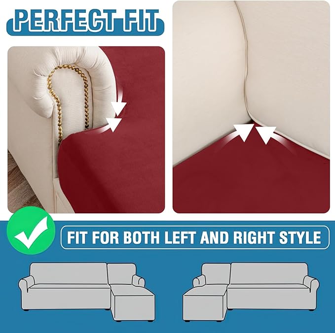 Couch Cover 8-Piece Elastic Velvet Couch Cushion Covers & Chaise Slipcovers for L-Shaped Sofas, Sofa Seat Covers Washable, Soft Cover for Couches (7 Seater + Chaise, Christmas Red)