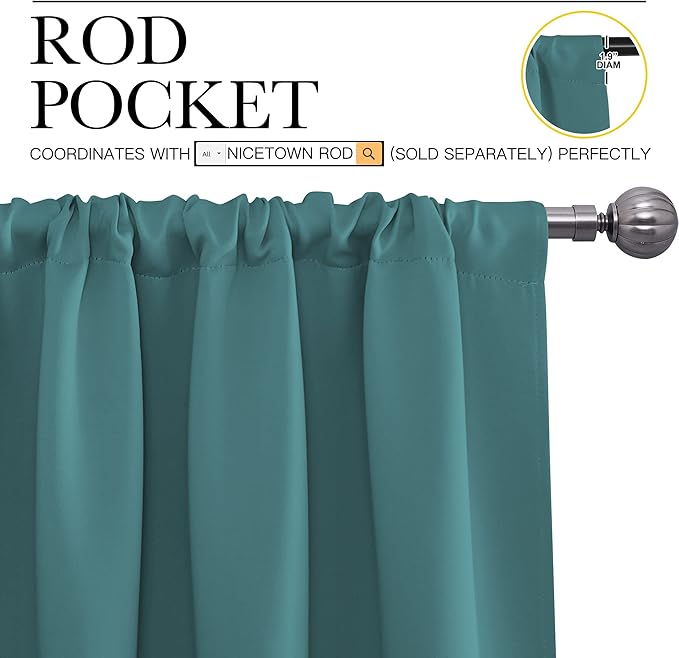 NICETOWN Bedroom Curtains, Three Pass Microfiber Noise Reducing Thermal Insulated Solid Rod Pocket Blackout Window Curtains for Kids Room (Sea Teal, 2 Panels, 34-inch x 63-inch)