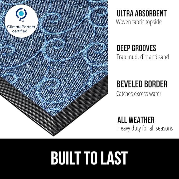 GORILLA GRIP 100% Waterproof All-Season WeatherMAX Doormat, 47x35, US Designed Natural Rubber, Stain and Fade Resistant, Low Profile Indoor Outdoor Door Mats, Easy Clean Patio Mat, Ocean Blue Waves