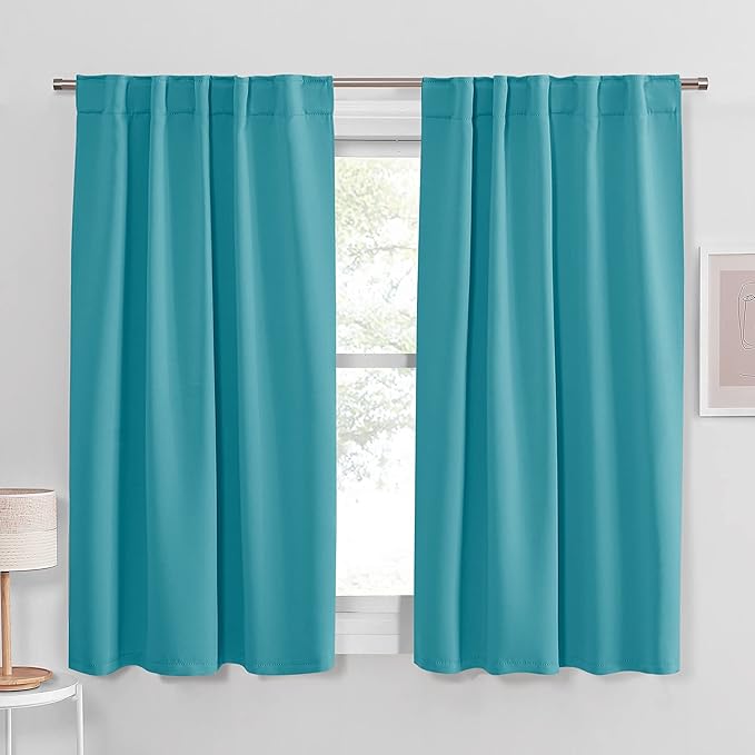 PONY DANCE Room Darkening Curtains - Bedroom Window Treatment Panels Back Tab/Rod Pocket Short Blackout Curtains Light Filtering Elegant Home Decoration, 42 by 45 Inches, Blue Mist, 1 Pair