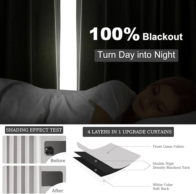 100% Blackout Curtains 70 Inch Wide 90 Inch Long for Living Room Sliding Glass Door Back Tab Pleated Neutral Modern Bedroom Heavy Insulated Large Window Drapes (70" Wx90"Lx2Panels) Grey Beige