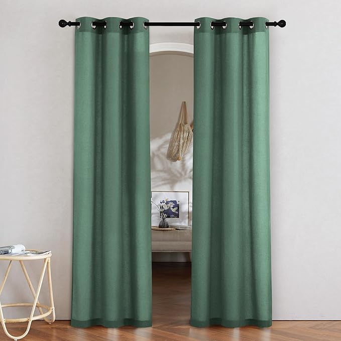 NICETOWN Olive Green Linen Doorway Curtains 80 inches Long, Grommet Thick Linen Weave Semi Sheer Window Treatments Privacy Assured with Light Filtering for Bedroom/Side Door, W34 x L80