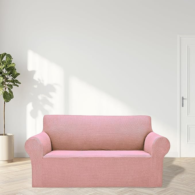 Cupuamon 2026 New Stretch Loveseat Sofa Slipcovers Couch Cover for 2 Cushion Furniture Protector Sofa Covers with Elastic Bottom Jacquard Fabric Small Checks for Pets, Kids - Dusty Pink