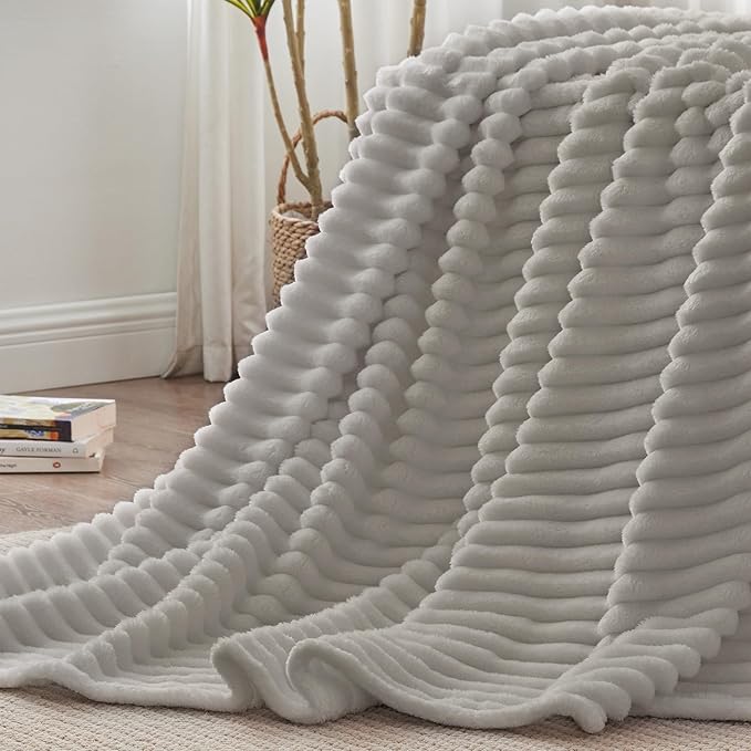 BEDELITE King Size Blanket for Bed, 300GSM Soft & Warm Fleece Blanket, Decorative and Giftable Striped Light Grey Blankets for Women, Men, 108"x90"
