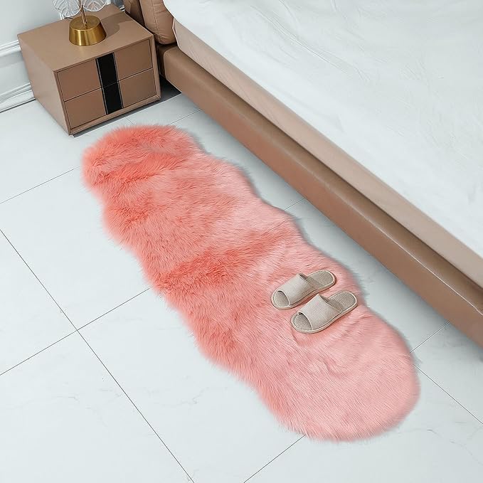 linmopm Faux Fur Rug Sheepskin Shag Fluffy Fuzzy Pink 2x6 ft Runner Rugs for Bedroom Bedside Bed Floor Living Room Plush High-Density Cushion Carpet Super Sofa Cover