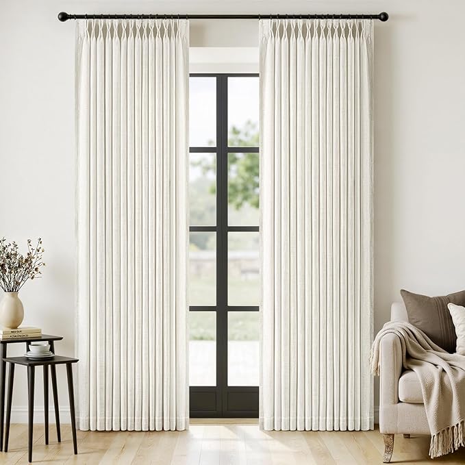 MIULEE Pinch Pleated Thick Linen Curtains 84 Inches Long 2 Panels for Living Room Bedroom, Linen Texture Memory Trained Drapes Pinch Pleat Light Filtering Neutral Ivory Cream Farmhouse Window Curtains