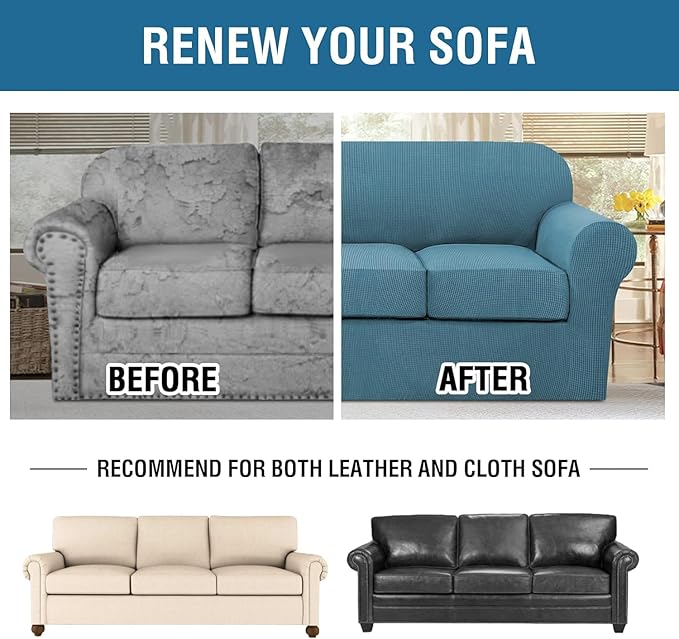 H.VERSAILTEX 4 Piece Stretch Sofa Covers for 3 Cushion Couch Covers for Living Room Furniture Slipcovers (Base Cover Plus 3 Seat Cushion Covers) Thicker Jacquard Fabric (Large Sofa, Storm Blue)