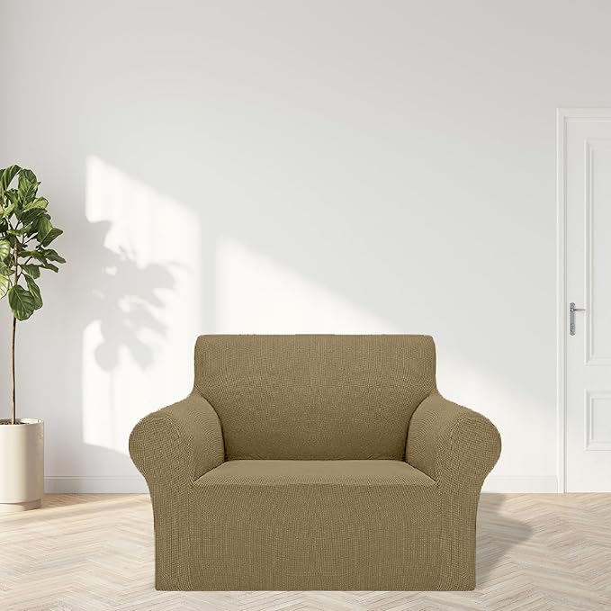 Cupuamon 2026 New Stretch Chair Sofa Slipcovers Couch Cover for 1 Seater Furniture Protector Sofa Covers with Elastic Bottom Jacquard Fabric Small Checks for Pets, Kids - Tan