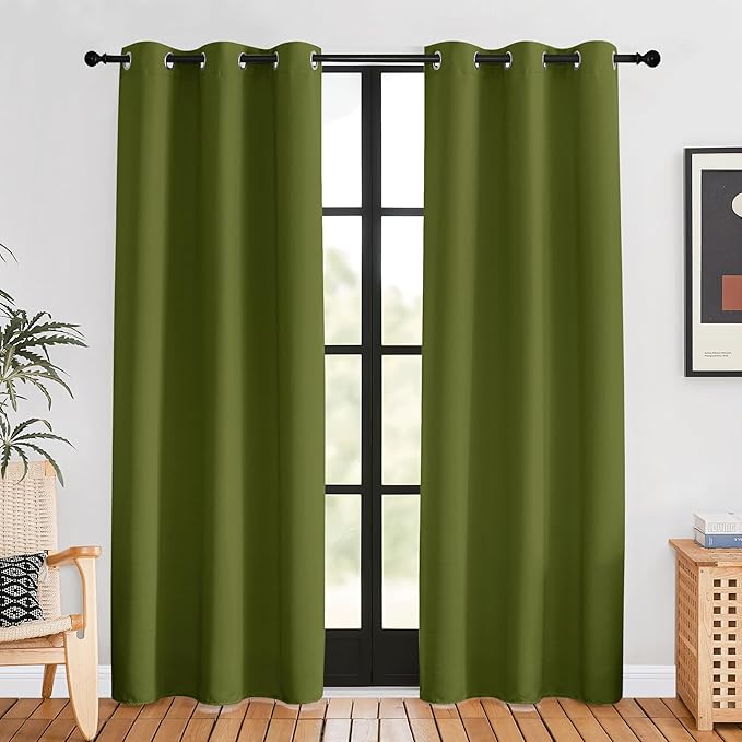 NICETOWN Blackout Window Curtains 80 inch Long, 2 Panels, 34 inch, Olive Green, Grommet Top Room Darkening Thermal Insulated Solid Vertical Drapes for Bedroom/Kid Room