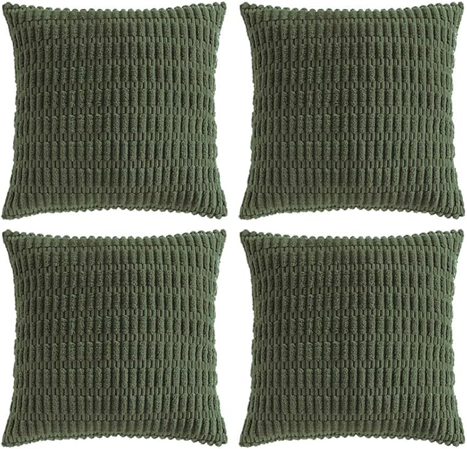 Fancy Homi 4 Packs Boho Olive Green Decorative Throw Pillow Covers 20x20 Inch for Couch Bed Sofa, Rustic Modern Farmhouse Home Decor, Soft Plush Corduroy Square Cute Cushion Case 50x50 cm