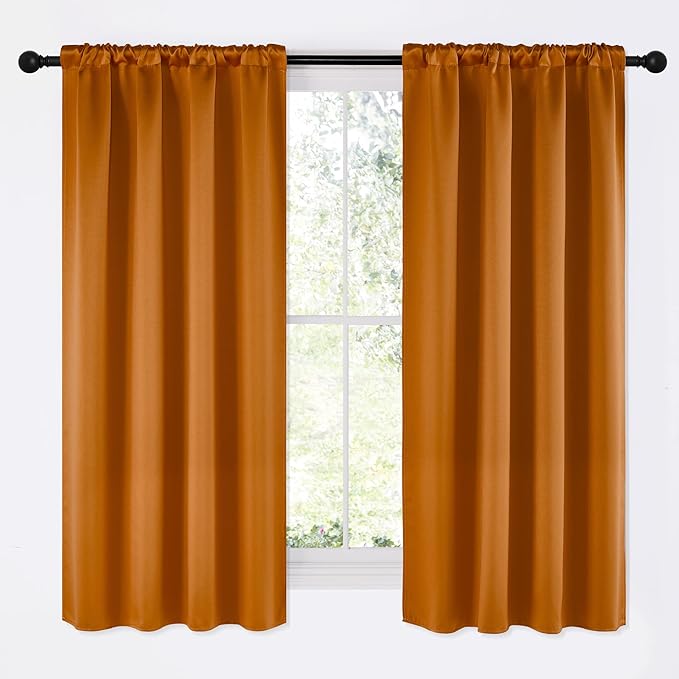 NICETOWN Room Darkening Cafe Satin Curtains for Small Windows, 42" Wide by 63" Long, 2 Panels, Orange, Rod Pocket Privacy Faux Silk Blackout Drapes for Bedroom