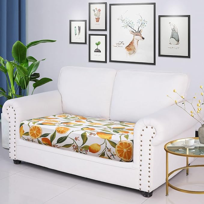 hyha Printed Couch Cushion Covers, Floral Sofa Covers Washable for 2 Cushion Couch, Stretch Pattern Outdoor Cushion Covers for Patio Furniture with Elastic Bottom(Medium, Lemon)