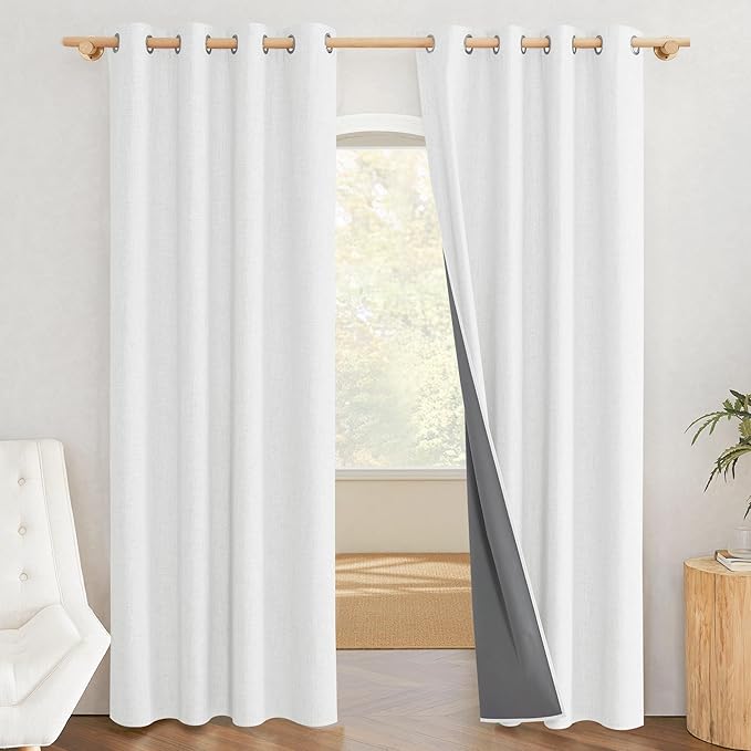 NICETOWN 100% Absolutely Blackout Linen Curtains with Thermal Insulated Grey Liner, Greyish White, 52 inches Wide, 84 inches Length Energy Saving Curtains for Living Room 2 Panels Set, Vertical Blinds