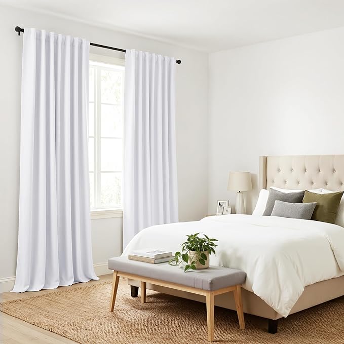 PONY DANCE 50% Light Filtering Curtains 96 inch Long, Non-See-Through Curtains for Bedroom, Thermal Insulated Drapes for Living Room Window with Back Tab, 52 x 96 Inch,2 Panels Set, Pure White