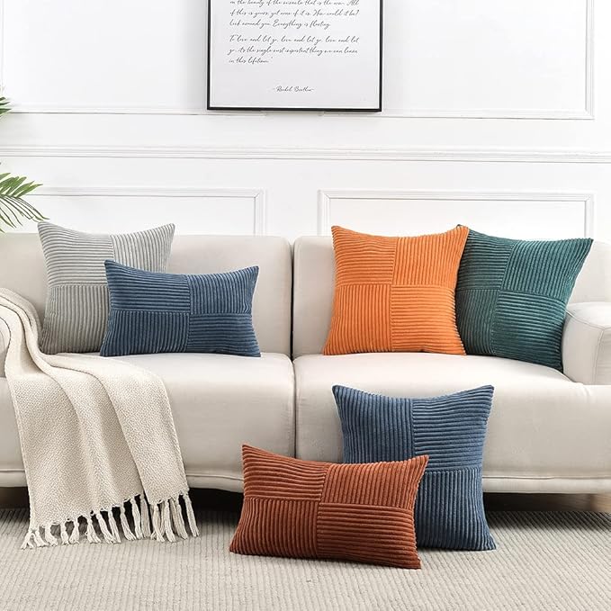 Fancy Homi 2 Packs Grey Samll Decorative Throw Pillow Covers 12x12 Inch with for Living Room Couch Bed, Rustic Farmhouse Boho Home Decor, Soft Corss Patchwork Corduroy Square Cushion Case 30x30 cm