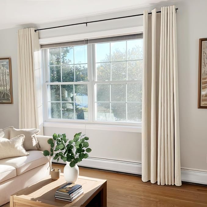 100% Blackout Shield Linen Blackout Curtains for Bedroom, Butter Cream Grommet Curtains for Living Room, Thermal Insulated Room Darkening Drapes for Nursery, Boho Home Decor, 50" W x 96" L, 2 Panels