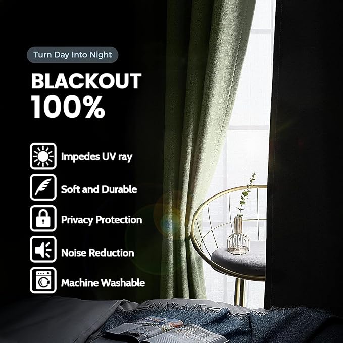 SimpleHome 100% Blackout Curtains for Bedroom,Thermal Insulated Sage Grommet Window Drapes Room Darkening Curtains for Living Room with Black Back,42 x 72 Inch,2 Panels