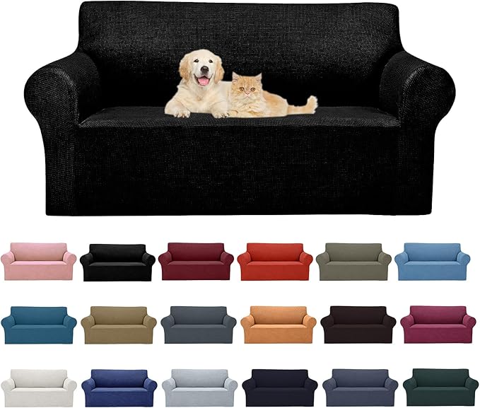 Cupuamon 2026 New Stretch Loveseat Sofa Slipcovers Couch Cover for 2 Cushion Furniture Protector Sofa Covers with Elastic Bottom Jacquard Fabric Small Checks for Pets, Kids - Black