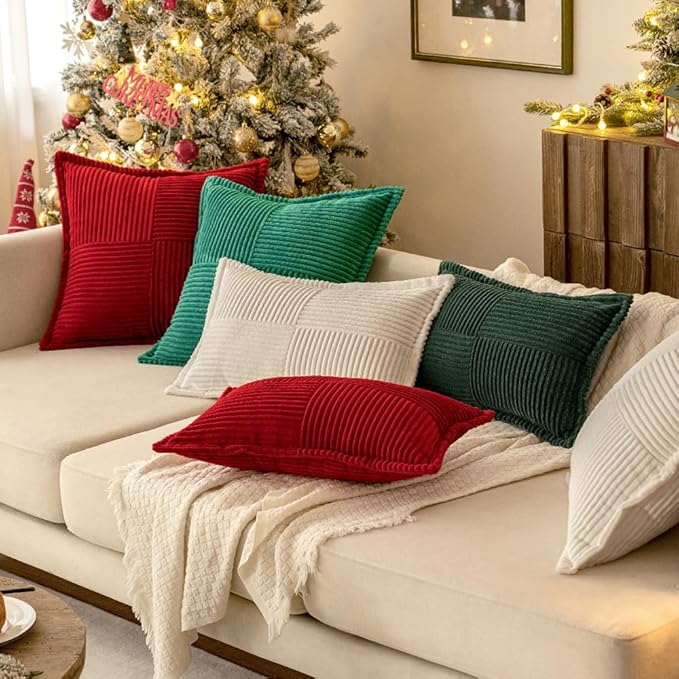 MIULEE Decorative Throw Pillow Covers for Couch Bed Livingroom 18x18 Inch Set of 2 White Boho Accent Throw Pllows Broadside Striped Patchwork Soft Corduroy Pillowcases