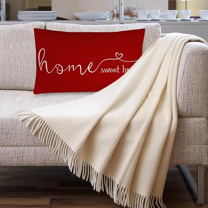 MFGNEH Home Sweet Home Quotes Farmhouse Pillow Covers, 12x20 Inch, Decorative Throw Pillow Case, Housewarming Gift, Red