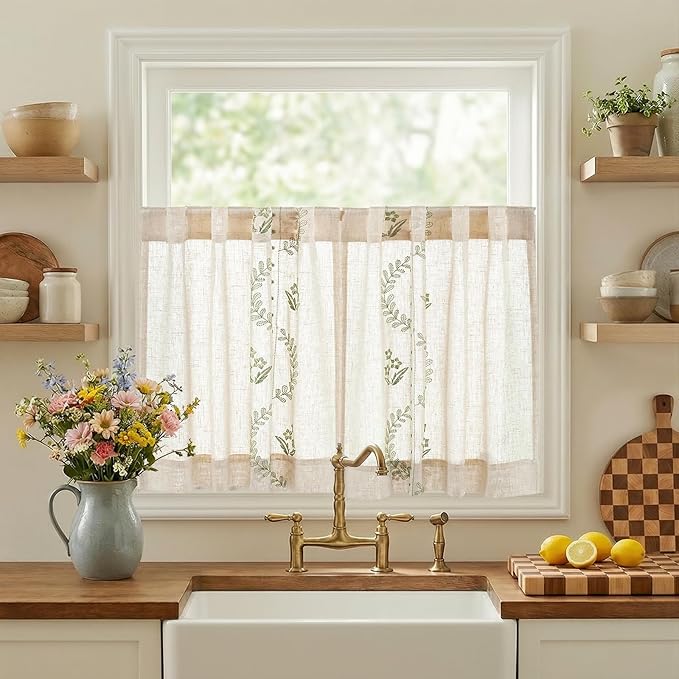 jinchan Belrose Linen Floral Kitchen Curtains 24 inch Length Embroidered Farmhouse Cafe Curtains for Living Room Bathroom Small Windows Curtain Set Sheer Light Filtering 2 Panels Sage Green