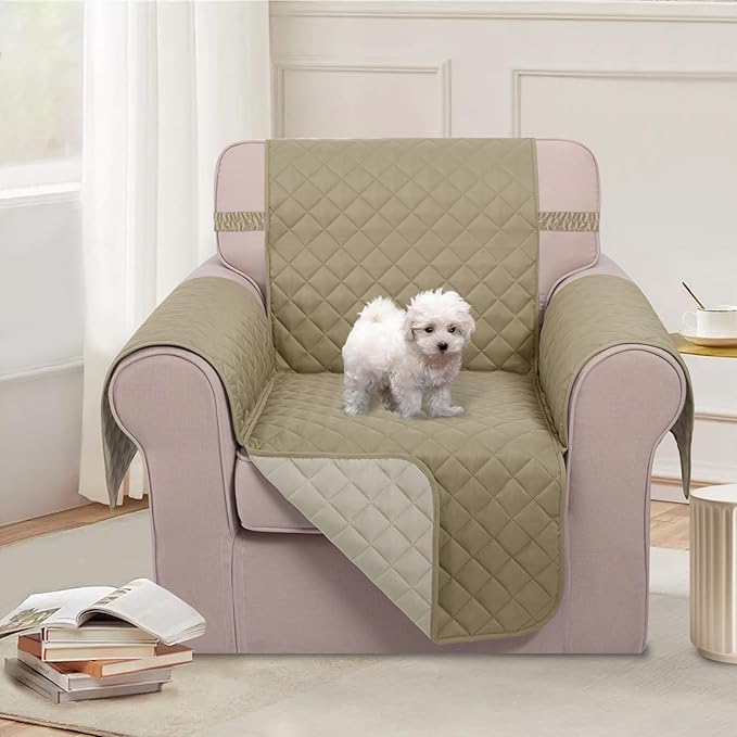 U-NICE HOME Reversible Oversized Chair Covers Quilted Water Repellent Pet Protectors with Elastic Straps(28''Armchair, Light Camel/Beige)