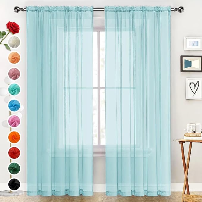 SpaceDresser Basic Rod Pocket Sheer Voile Window Curtain Panels Sky Blue 1 Pair 2 Panels 52 Width 84 Inch Long for Kitchen Bedroom Children Living Room Yard（Sky Blue, 52W x 84L）