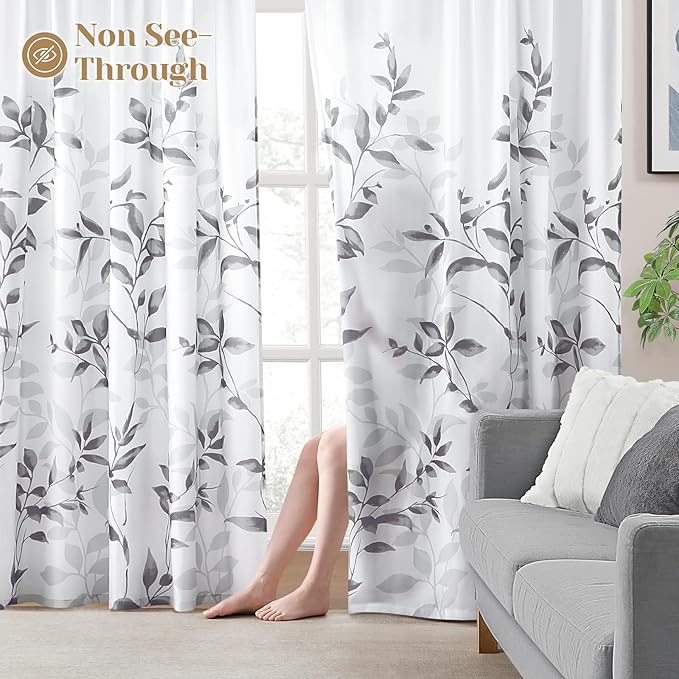 HOMEIDEAS Grey and White Semi Sheer Curtains, 84 Inches Long Light Filtering Drapes, Gray Leaf Printed Privacy Sheer Curtains for Bedroom Living Room, 2 Panels