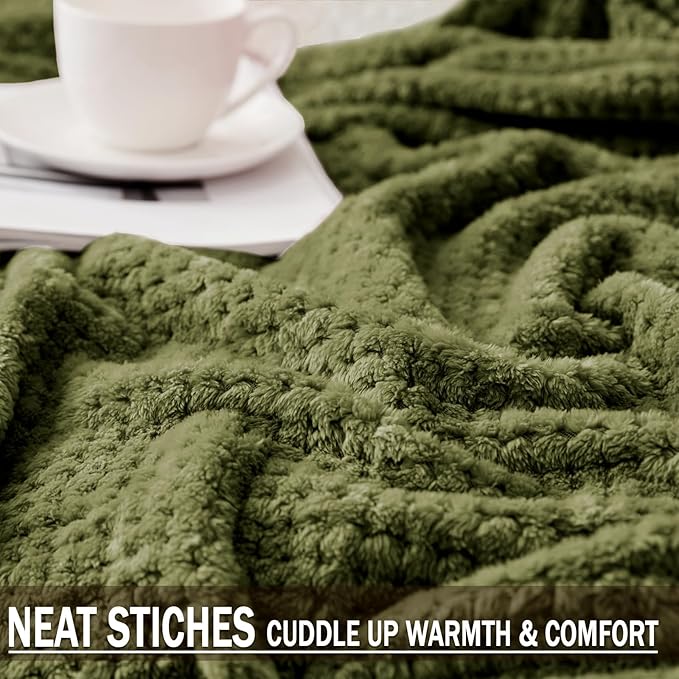 Exclusivo Mezcla Fleece Bed Blanket Twin Size, Super Soft and Warm Blankets for Couch, Sofa and Bed Waffle Textured, Cozy, Fuzzy and Lightweight (Olive Green, 60x80 Inches)