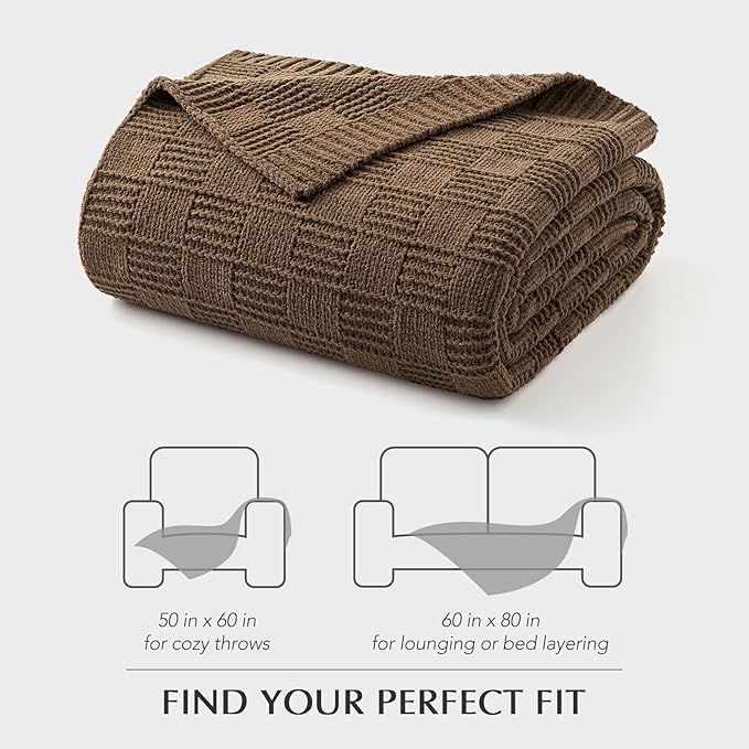 EVERGRACEHOME Modern Checkered Chenille Throw Blanket, Soft Cozy Plaid Knitted Chair Blanket for Sofa Couch, Decorative Knit Throw for Bed and Living Room, Camel Brown, 50" x 60"