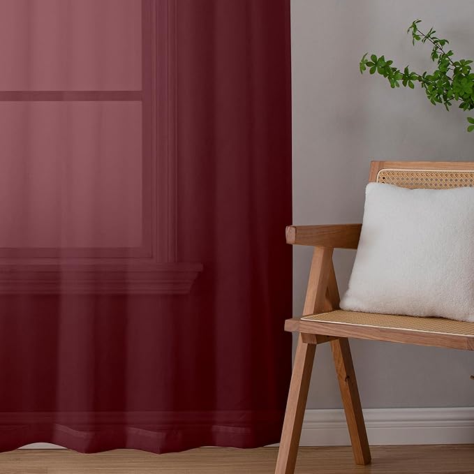 Aiyufeng 2 Piece Burgundy Sheer Curtains 84 Inch Length, Light Filtering Kitchen Curtain for Bedrrom/Living Room/Kitchen Window, Voile Top Dual Rod Pocket, 2 x 40 W x 84" L