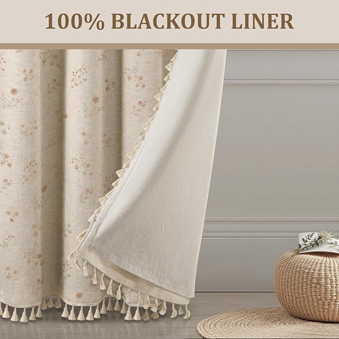Boho Floral Spring 100% Blackout Curtains 84 Inch Length 2 Panels Set, Linen Texture Farmhouse Curtains with Beige Tassel for Living Room Bedroom, Vintage Rustic Rod Pocket,Beige