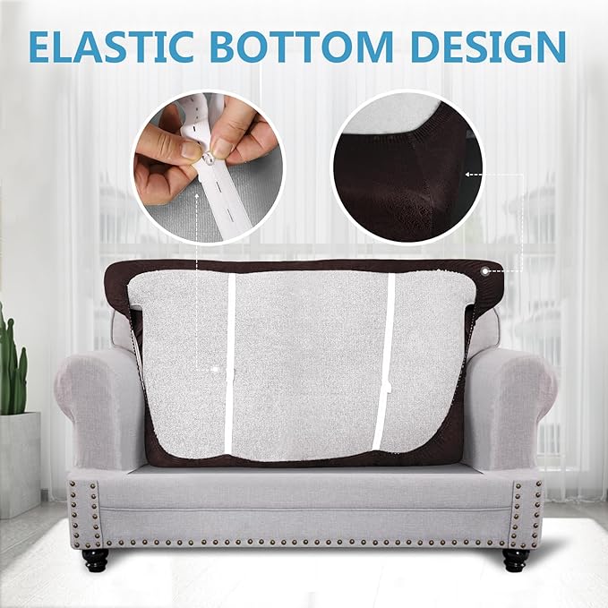 Leather Look Couch Cushion Covers Sofa Seat Slipcovers Sets Couches Furniture Protector for Sectional Armchair Loveseat Pets Kids Stretch Spandex Fabric (1 T-Cushion loveseat, Chocolate)