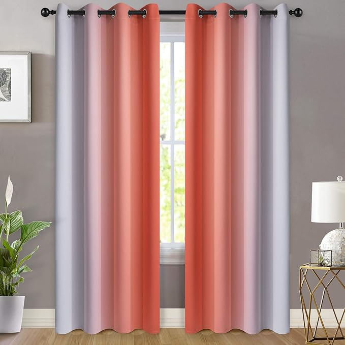 Yakamok Light Blocking Ombre Curtains, Greyish White and Coral Gradient Color Curtains with Grommet,Room Darkening Window Drapes for Bedroom (52x84 Inch, 2 Panels)