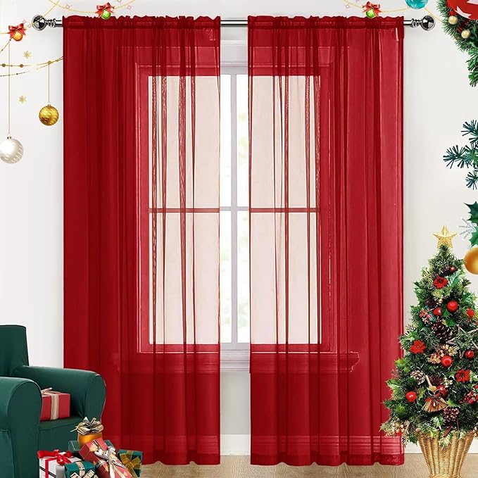 SpaceDresser Sheer Voile Window Treatment Rod Pocket Curtain Panels for Kitchen Bedroom Living Room Drapes Sunlight Filtering Privacy Semi Home Decor Assorted Colors Sizes (Christmas Red, 52 W x 90 L)