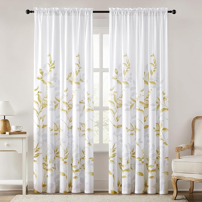 HOMEIDEAS Non-See-Through Gold and White Privacy Sheer Curtains 52 X 96 Inches Long 2 Panels, Leaf Floral Printed Light Filtering Semi Sheer Window Curtains Drapes for Bedroom Living Room