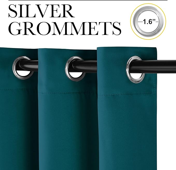 NICETOWN Teal Blackout Cafe Faux Silk Curtains for Small Windows, 42" Wide by 63" Long, 2 Panels, Grommet Thermal Insulated Blackout Satin Drapes for Bedroom
