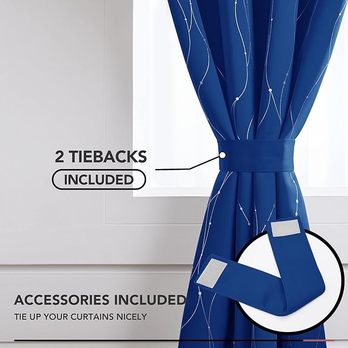 Deconovo Blackout Curtains, 52 x 95 Inch Drapes for Sliding Door with Wave Dot Silver Print, Soundproof Thermal Insulated Window Curtain for Bedroom Living Room, Set of 2, Machine Washable, Royal Blue