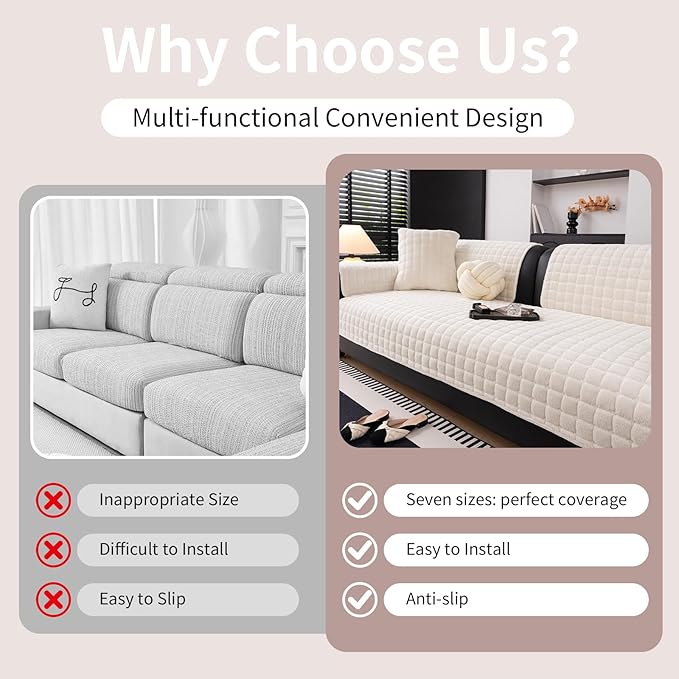 Velvet Couch Cover, Washable Sectional Sofa Cover, Anti Slip Sofa Slipcover for 3 Cushion Couch Sofa L Shaped Armrest Backrest, Furniture Protector Covers for Pets Kids(White, Only 1 PCS)