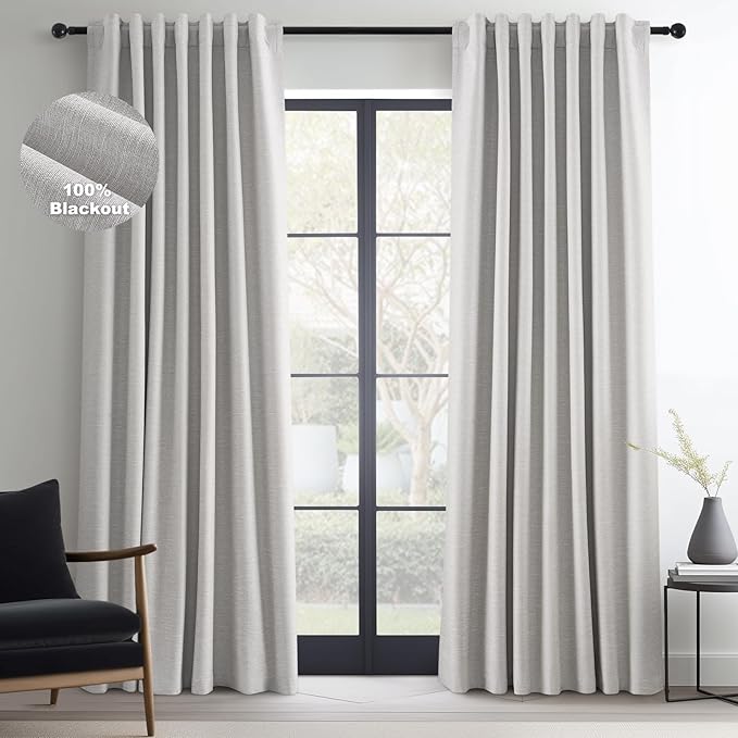 Topfinel 102 Inches Long Custom Blackout Linen Curtains, Gray Soundproofing Pinch Pleated Noise Cancelling Curtains with Pin Hooks for Traverse Rods, Burlap Drapes 2 Panels for Living Room Bedroom
