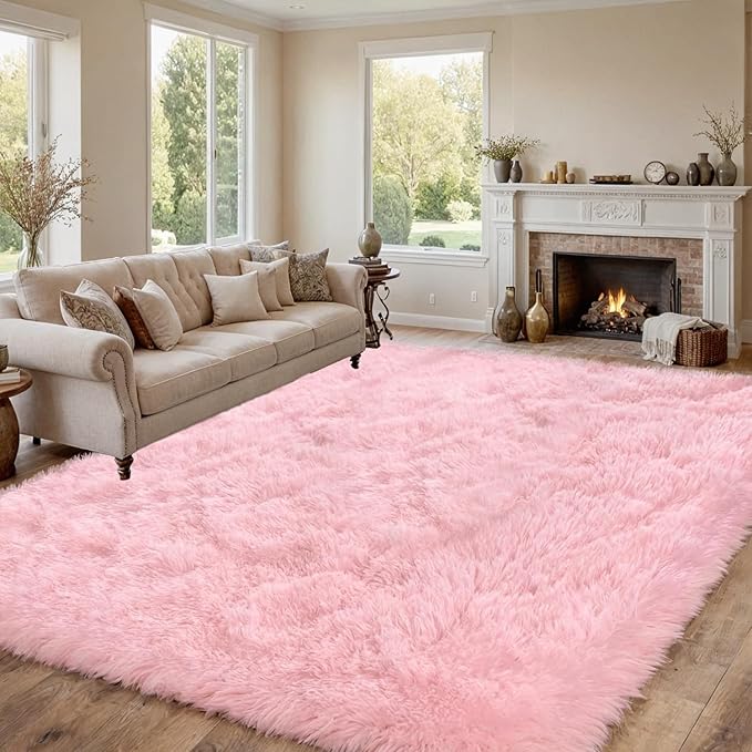 8x10 Area Rug for Living Room: Soft Fluffy Shag Pink Rugs for Bedroom, Non-Slip Large Fuzzy Plush Rug Indoor Floor Carpet for Nursery Kids Boys Girls Room, Dorms, Playroom, Modern Home Decor