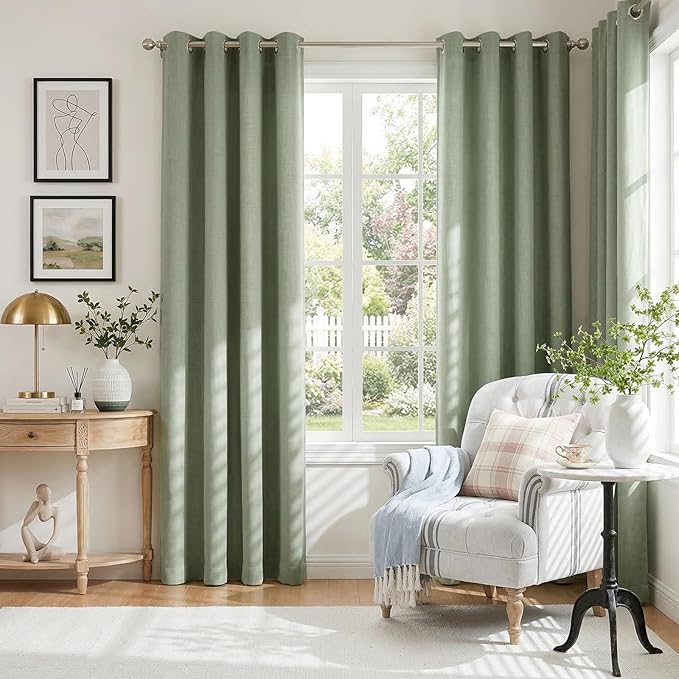 100% Blackout Shield Linen Blackout Curtains for Bedroom, Sage Green Grommet Curtains for Living Room, Thermal Insulated Room Darkening Drapes for Nursery, Boho Home Decor, 50" W x 72" L, 2 Panels