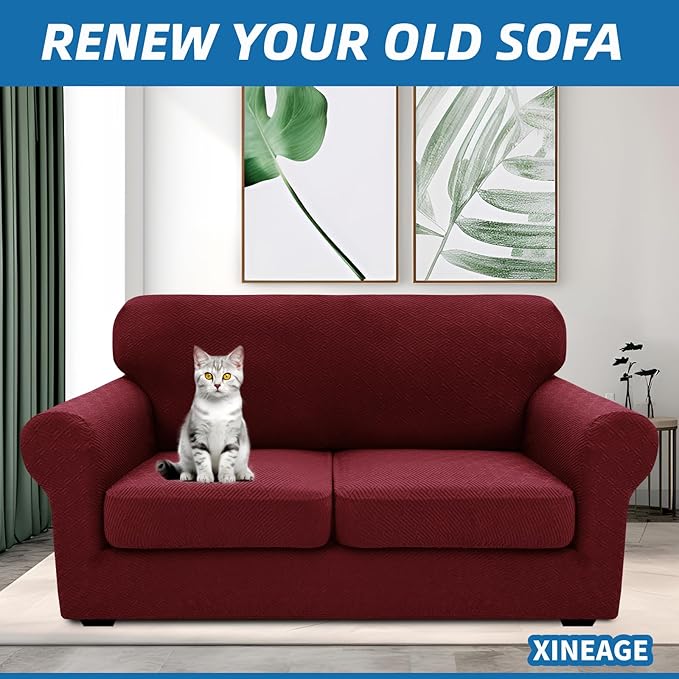 XINEAGE 2026 New 3 Pieces Couch Covers for 2 Cushion Sofa Super Stretch Loveseat Slipcover Pet Dog Universal Slip Cover Anti Slip Love Seat Furniture Protector (Wine Red, 55"-69")