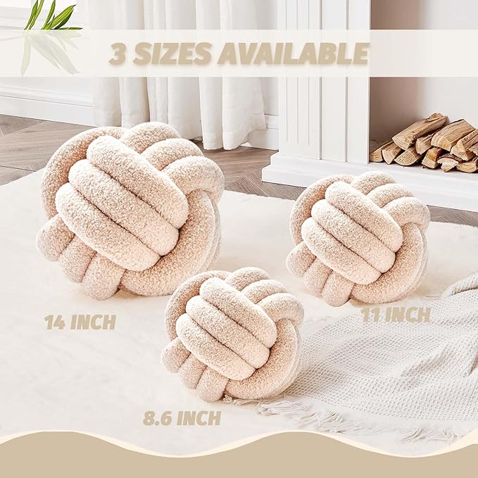 Uvvyui Knot Pillow Ball, Soft Home Decorative Pillows, Round Throw Pillow, Handmade Knotted Plush Pillow, Round Boucle Pillow Cushion (14 Inches Beige)