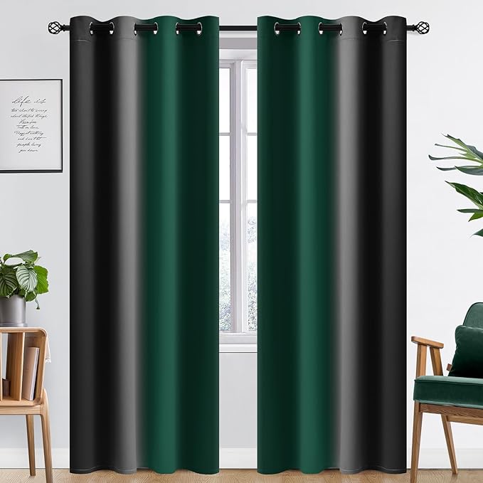 SimpleHome Ombre Room Darkening Curtains 84 inches Length for Bedroom,Grommet Gradient Light Blocking Green and Black Gradient Window Curtains for Living Room,2 Panels, 52x84 inches