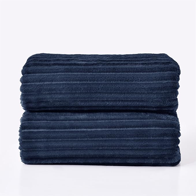 BEDELITE Fleece Throw Blanket for Couch – 3D Ribbed Jacquard Soft and Warm Decorative Fuzzy Blanket – Cozy, Fluffy, Plush Lightweight Navy Throw Blankets for Bed, Sofa, 84x90 inches